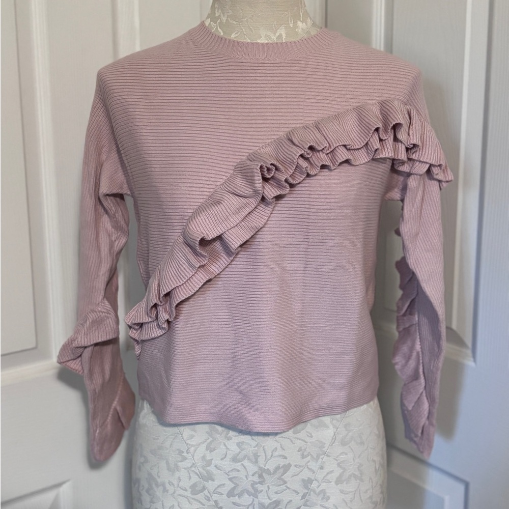Ann Taylor Loft Light Pink Pointelle Ruffle Sweater SP NWT - Picture 2 of 6